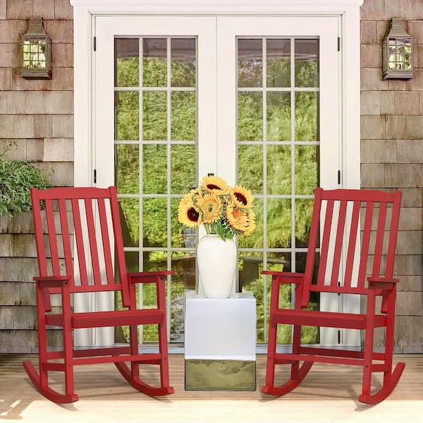 LUE BONA Orson Red Acacia Wood Classic Adirondack Weather-Resistant Outdoor Porch Rocker Outdoor Rocking Chair (Set of 2)