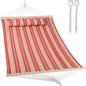 Double Hammock Quilted Fabric Swing with Spreader Bar, Detachable Pillow, 55" x 79" Large Hammock, Red Stripes