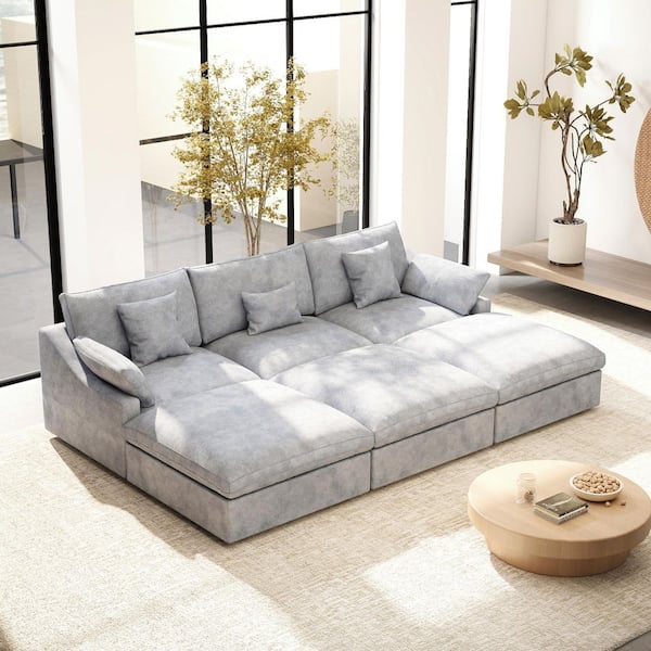 Magic Home 119 in. W Square Arm Linen Upholstered Rectangle 3-Seater Sectional Sofa with 3-Ottoman in Gray