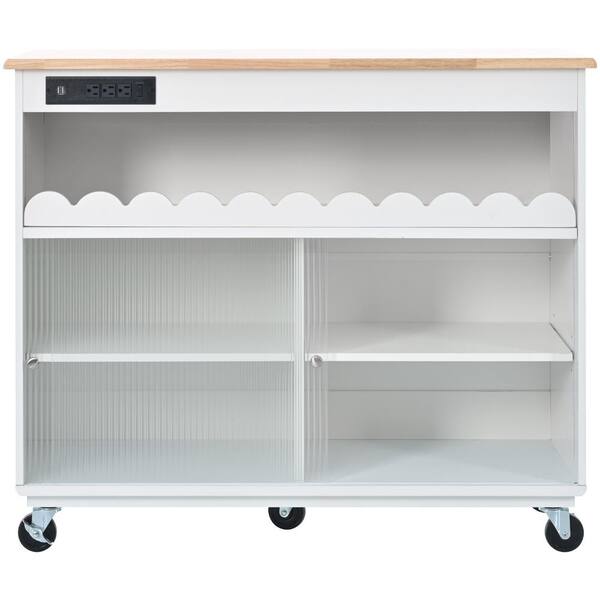 WarmieHomy Kitchen Island with Drop Leaf LED Light Kitchen Cart on Wheels with Power Outlets 2-Sliding Fluted Glass Doors in White