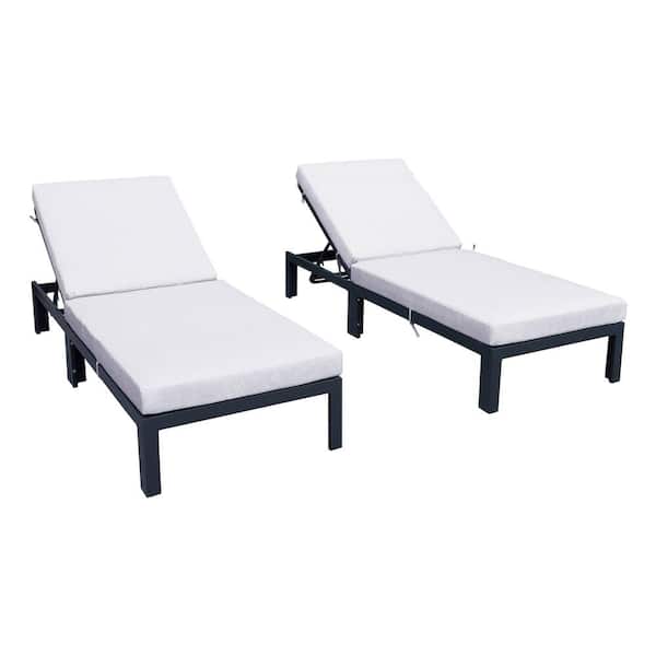 Leisuremod Chelsea Modern Black Aluminum Outdoor Patio Chaise Lounge Chair with Light Grey Cushions (Set of 2)