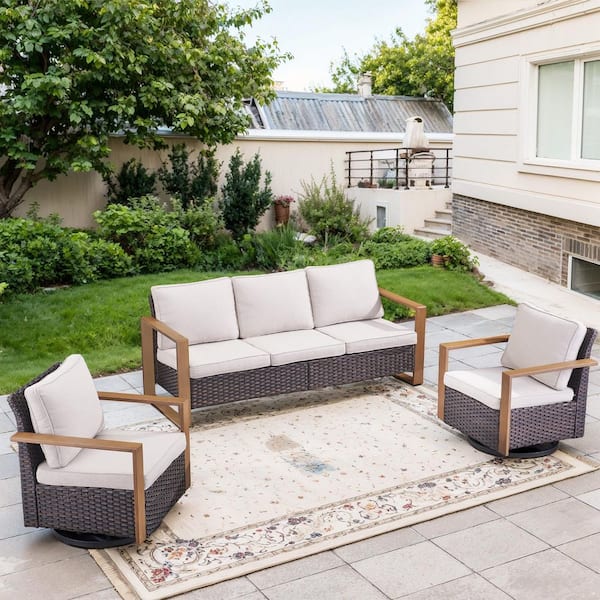 MetalWood 3-Piece Brown Wicker Patio Conversation Set with Swivel Gliders and 4.5 in. Olefin Beige Cushions