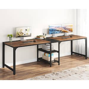 90.55 in. Rectangular Black and Brown 2 Person Desk with Storage Shelves, Double Computer Desk with Spacious Desktop