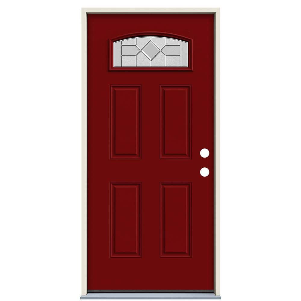 36 in. x 80 in. Left-Hand Camber Top Caldwell Decorative Glass Cranberry Red Painted Steel Prehung Front Door