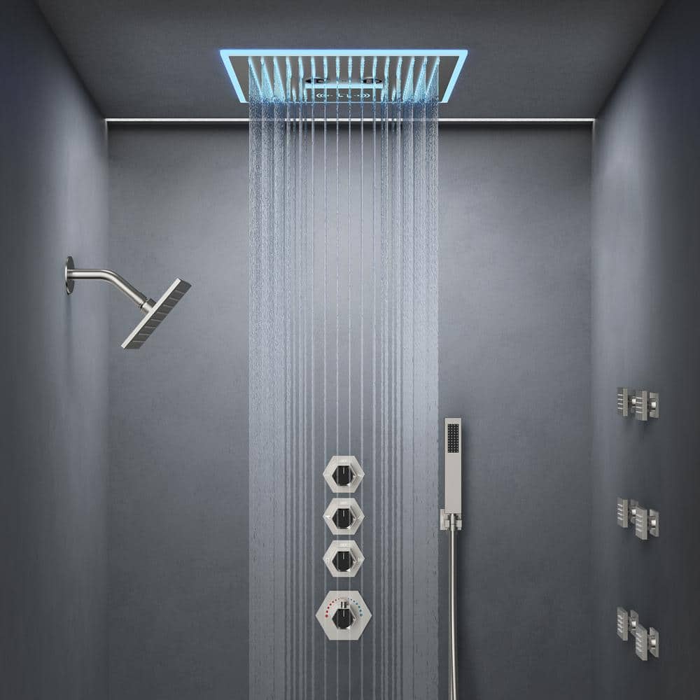 Brushed Nickel Dual Head LED Shower System with Bluetooth Speaker