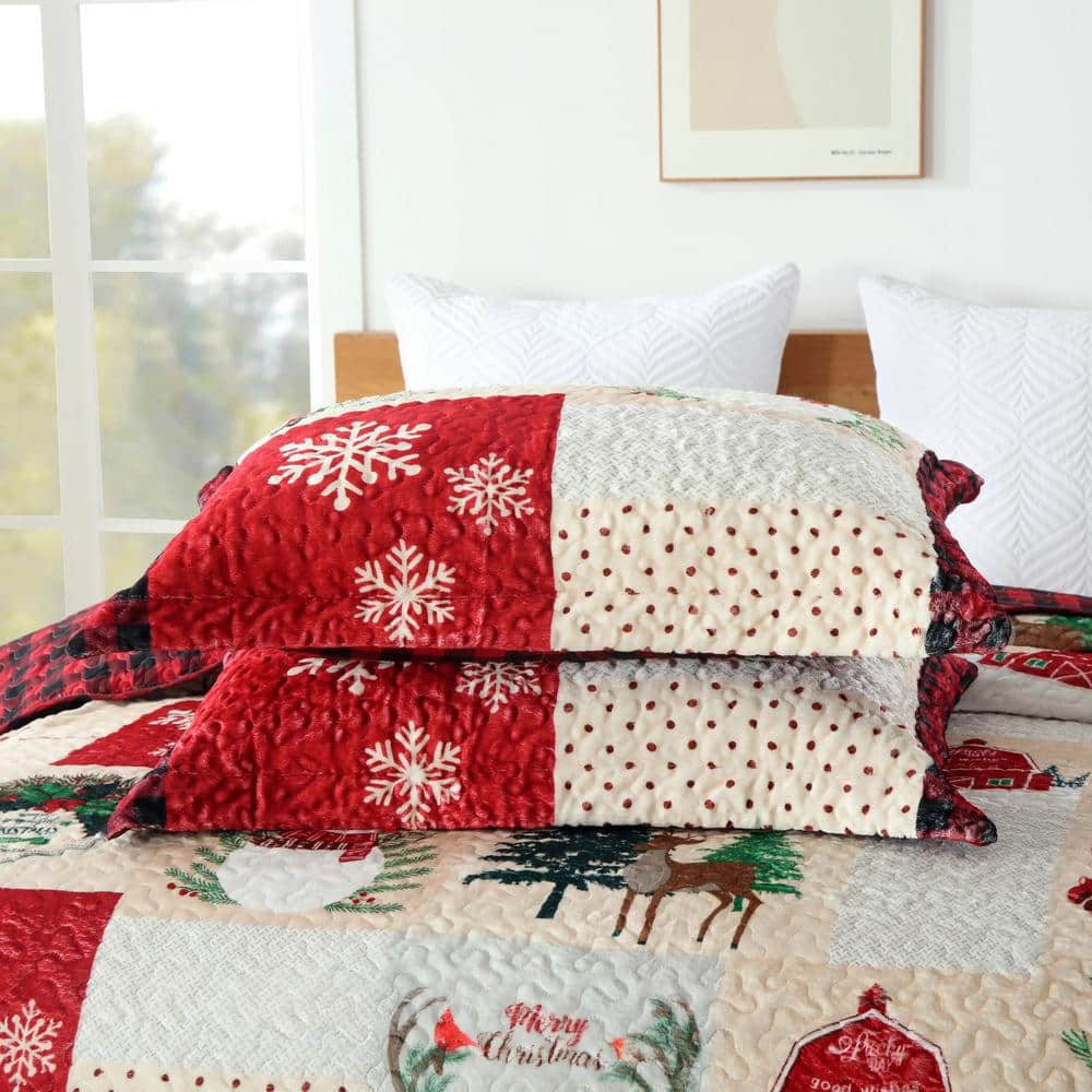Queen Red Velvet Reversible Christmas Quilt Set