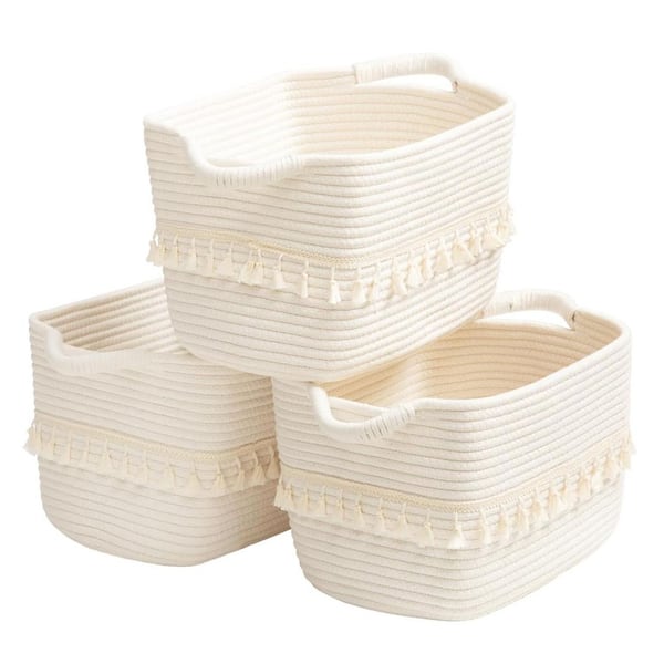 Unbranded White 15 in. x 8.6 in. Cotton Decorative Basket Set of 3