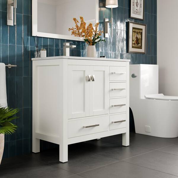 Eviva London 38 in. W x 18 in. D x 34 in. H Bathroom Vanity in White with White Carrara Marble Top with White Sink