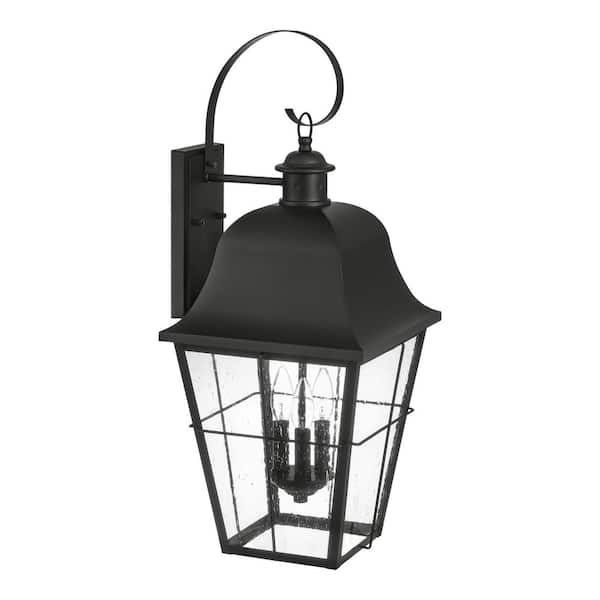 Hampton Bay Warwick 28 in. Matte Black Finish Hardwired Outdoor Wall Lantern Seeded Glass
