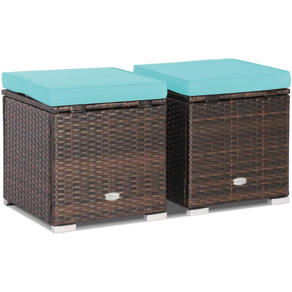 2-Piece Wicker Outdoor Ottomans Storage Box Footstool with Turquoise Cushions price history on PriceWatchPro