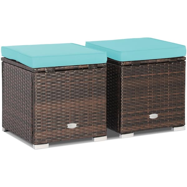 Costway 2-Piece Wicker Outdoor Ottomans Storage Box Footstool with Turquoise Cushions