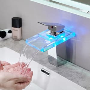 Waterfall Single Handle Single Hole Bathroom Faucet with Water Supply Hoses and LED Temperature Sensor Light in Chrome