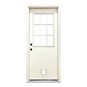 36 in. x 80 in. Reliant Series Clear 9 Lite RHIS White Primed Fiberglass Prehung Back Door with Small Cat Door