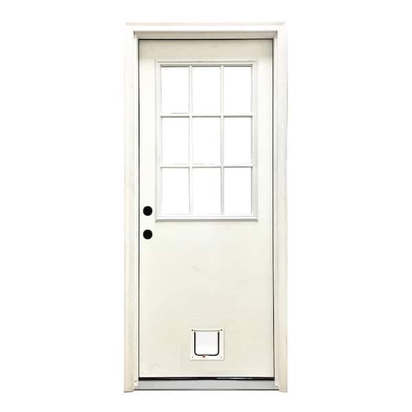 Steves & Sons 36 in. x 80 in. Reliant Series Clear 9 Lite RHIS White Primed Fiberglass Prehung Back Door with Small Cat Door