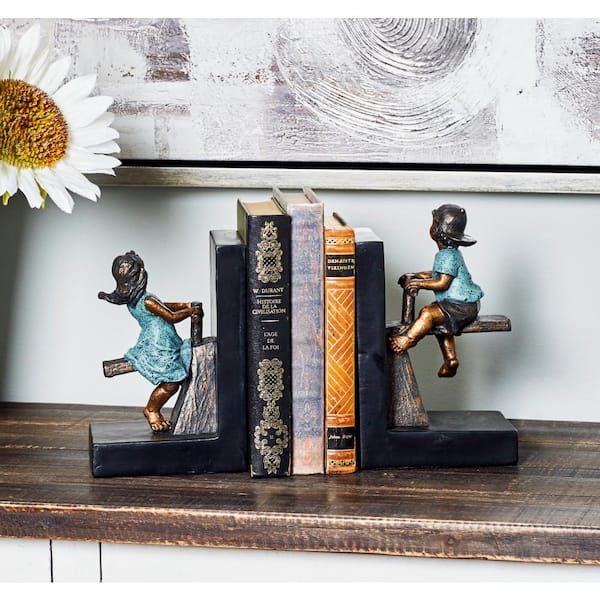 Litton Lane Brown Polystone People Bookends with Swing Set (Set of 2)