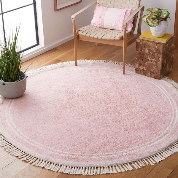 Easy Care 8 ft. x 8 ft. Pink/Ivory Machine Washable Solid Fringe Round Area Rug