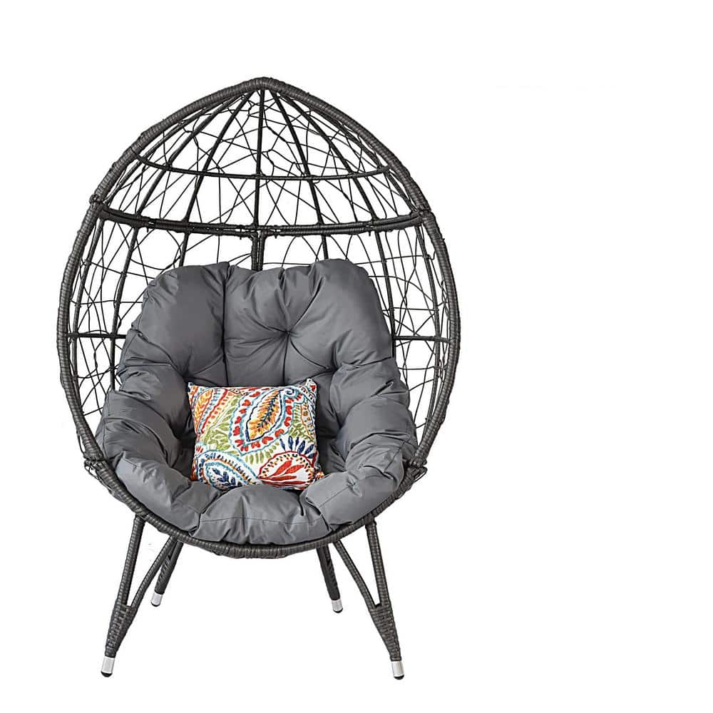 Patio Oversized Wicker Egg Chair, Outdoor Lounge Chair with Gray Cushion fo
