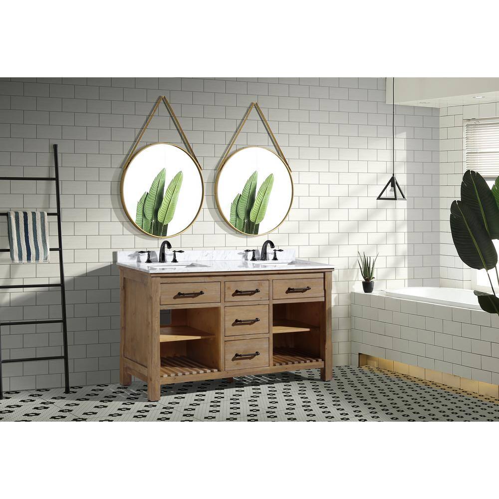 Weathered Fir Solid Wood 60" Double Sink Bathroom Vanity with Carrara Marble Top