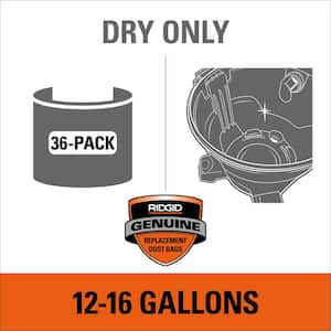 High-Efficiency Wet/Dry Vac Dry Pick-up Only Dust Bags for Select 12 to 16 Gallon RIDGID Shop Vacuums, Size A (36-Pack)