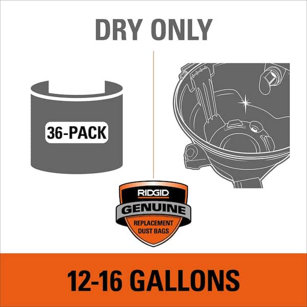 Genuine VF3502D Wet Dry Vac Dry Pick-up Only Dust Bags for Select 12-16 Gallon RIDGID Shop Vacuums, Size A (36-Pack)