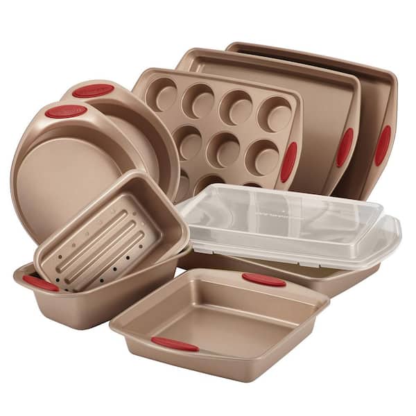 Adrinfly Latte Brown 10-Piece Nonstick Bakeware Set for Baking Cookies, Cakes, Muffins, and Bread with Cranberry Red Grips