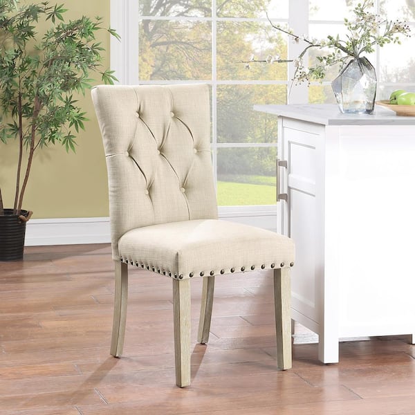 Preston Dining Chair 2-Pack with Antique Bronze Nailheads and Brushed Legs in Burlap Fabric