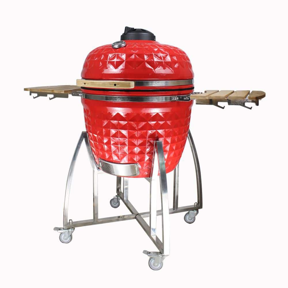 26 in. Comfortbilt Kamado Charcoal Grill in Red with Folding Side Tables