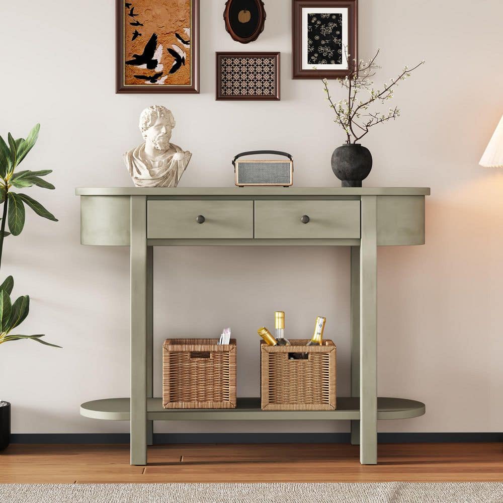 Elegant Retro 40 in. Gray Oval Wood Console Table with Drawers and Open Shelf
