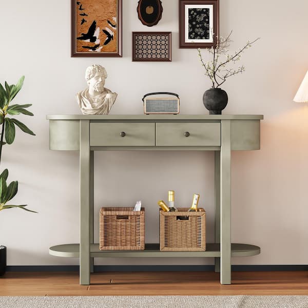 Elegant Retro 40 in. Gray Oval Wood Console Table with Drawers and Open Shelf