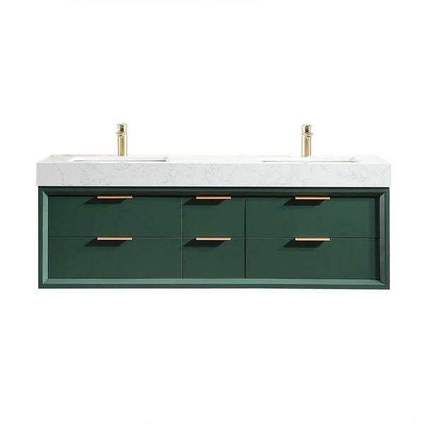 Wenlorin 60 in. Double Sinks Floating Green Bath Vanity with White Engineered Marble Top Pre-assembled