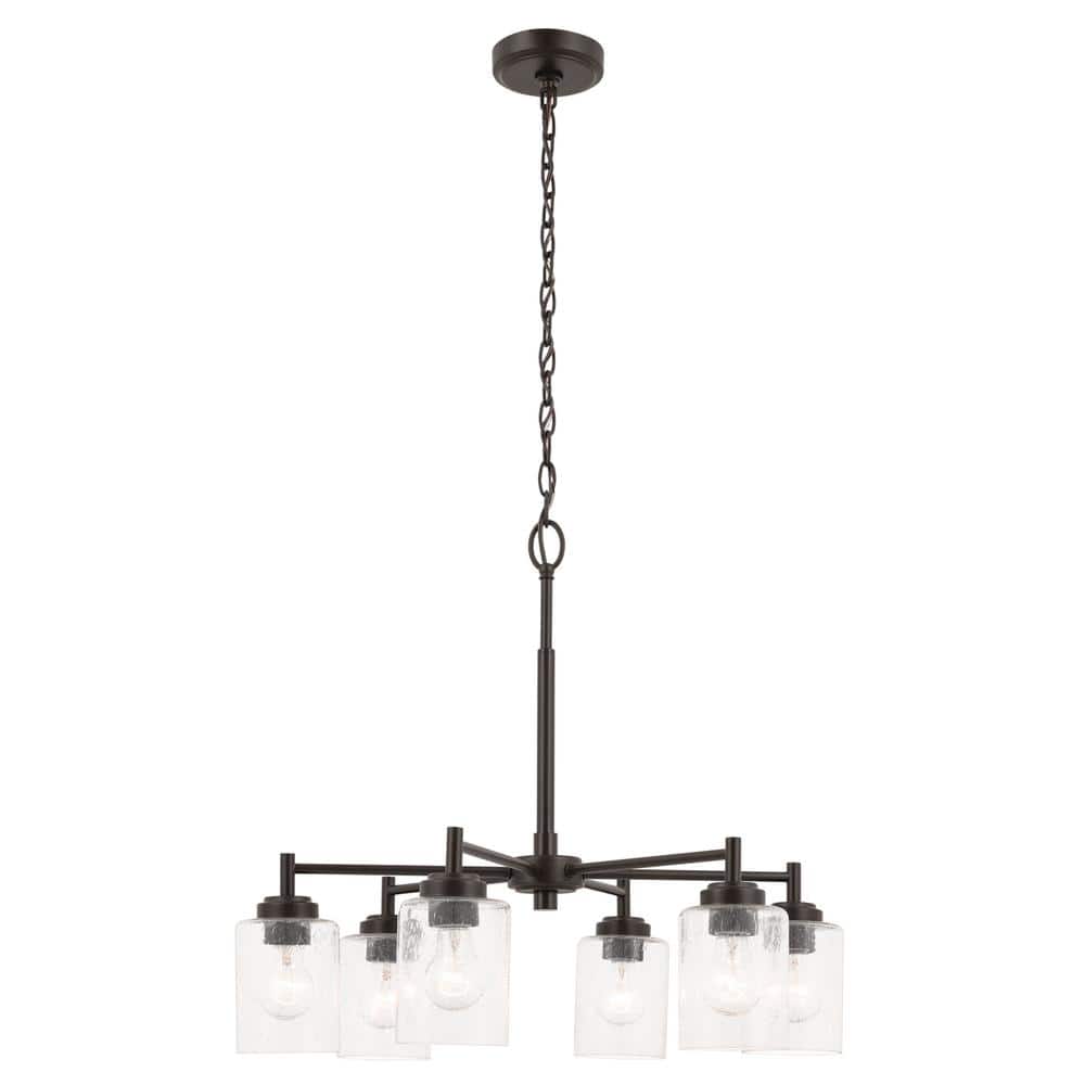 Bronze 6-Light Chandelier with Clear Seeded Glass Shades