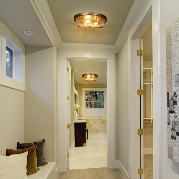 Modern Farmhouse Circle Flush Mount Lighting, 3-Light Gold Transitional Round Ceiling Lights with Crackle Glass Shade