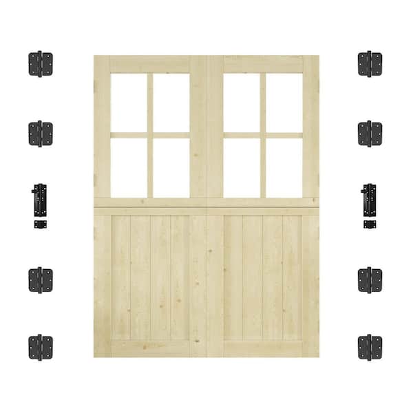 72 in. x 80 in. Solid Pine Universal 4 Lite Clear Glass Unfinished Dutch Door Wood Front Door Slab with Hardware