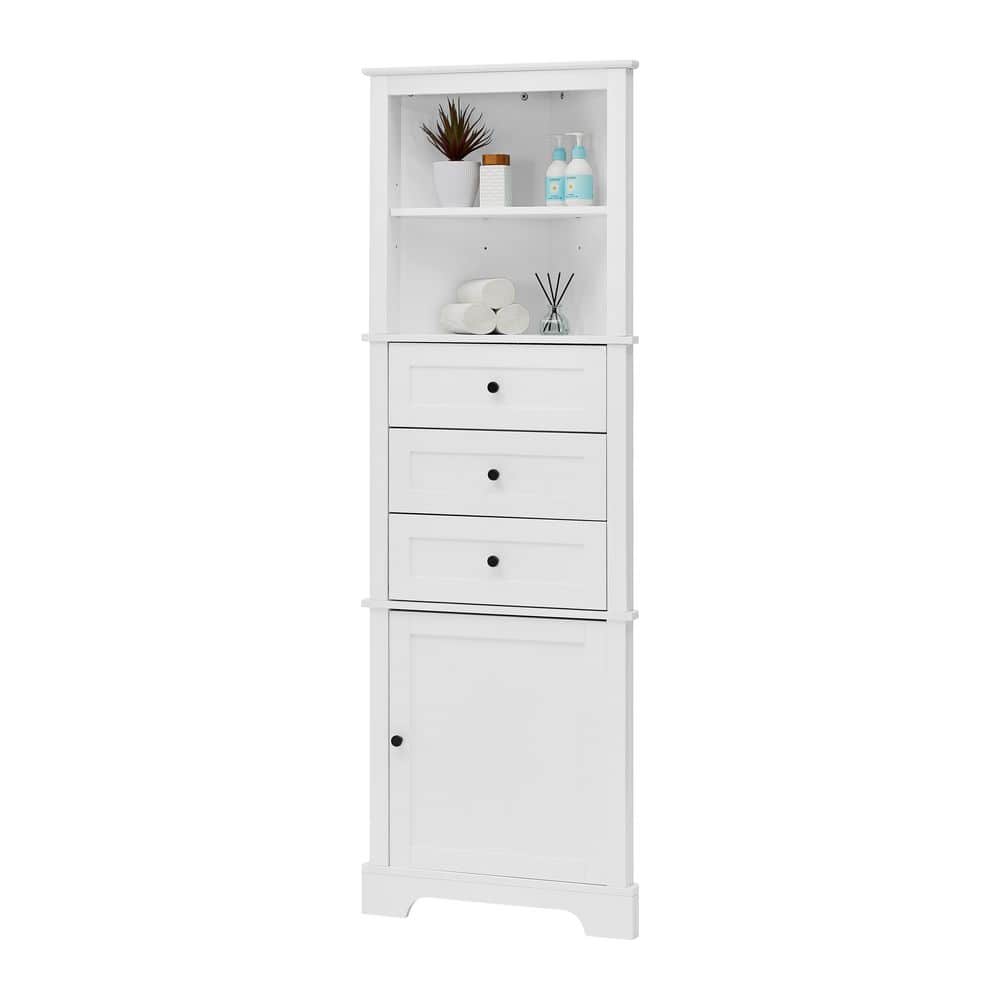 Pagan White 68.9 in. Tall Triangle Corner Storage Cabinet, Sideboard with Adjustable Shelves and Drawers