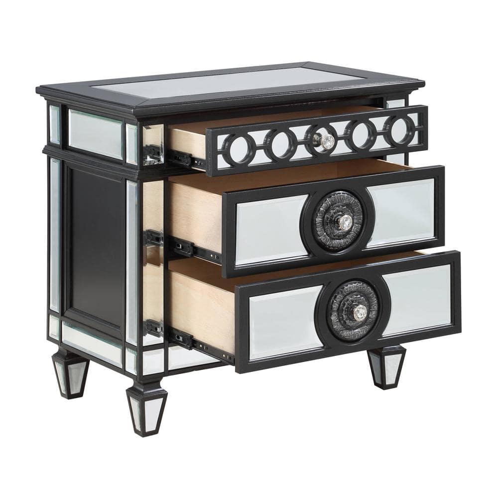 Elegant Black and Silver 3-Drawer Nightstand with Crystal Knobs