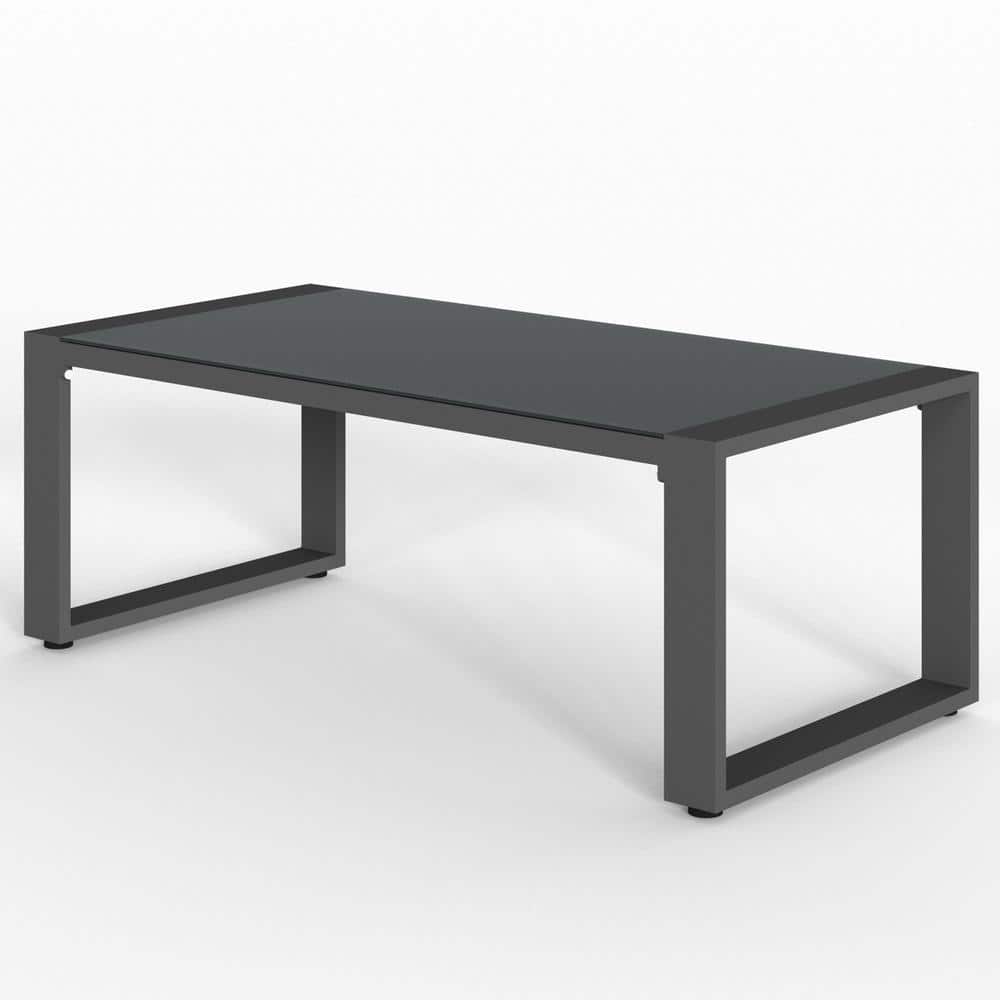 Gray 44 in. Rectangular Outdoor Coffee Table Powder-Coated Aluminum and Gla