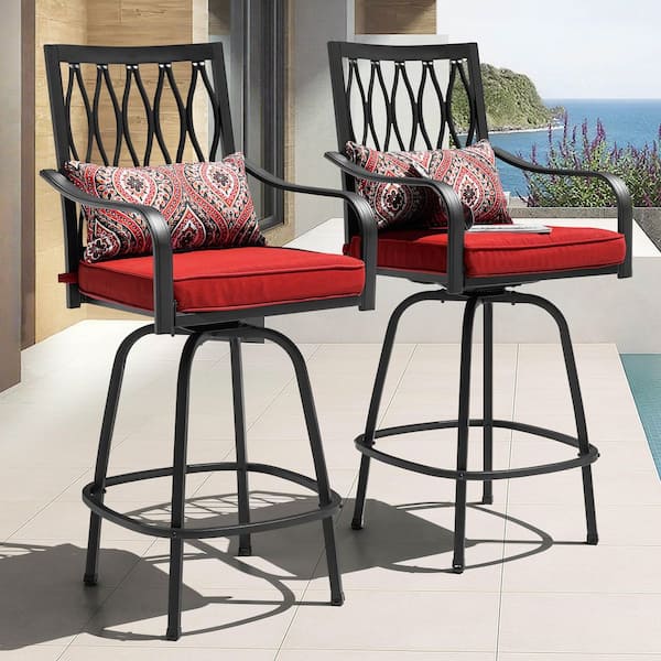 Black 2-Piece Swivel Metal Outdoor Bar Stools with Red Cushions, Square-to-Round Footrest Design