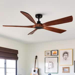 TeakAura 60 in. Indoor Matte Black Farmhouse Ceiling Fan without Light, with Remote and Walnut Wood Blades