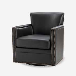 Amparo Black 29 in. W Contemporary Genuine Leather Swivel Chair with Nailhead Trim Arm