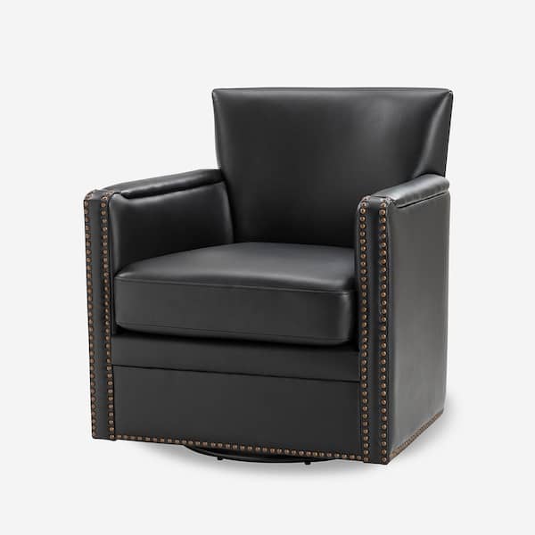 JAYDEN CREATION Amparo Black 29 in. W Contemporary Genuine Leather Swivel Chair with Nailhead Trim Arm