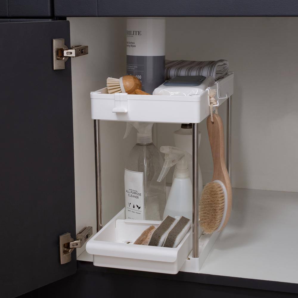 Simplify 2-Tier White Plastic Sink Organizer with Drawer