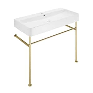 Carre 36 in. Ceramic White Console Sink Basin Gold Legs