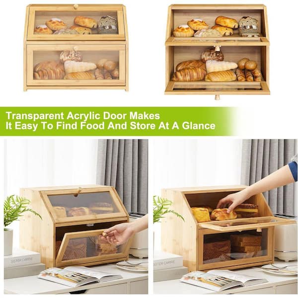 Lynzavix Double Layer Bamboo Bread Box Extra Large Capacity