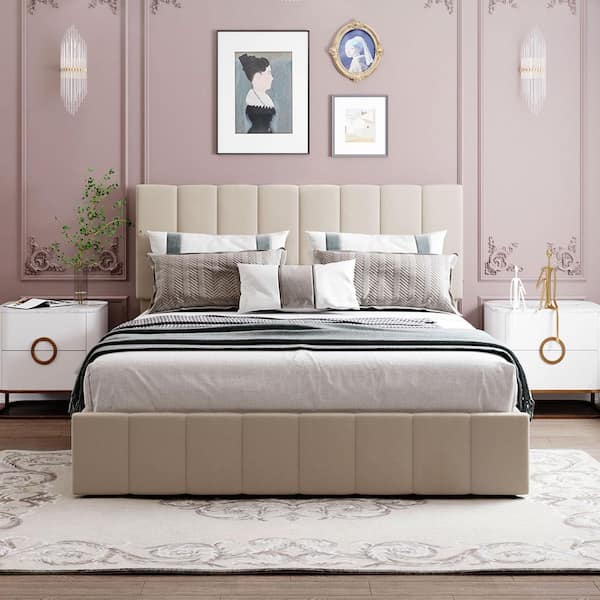 Beige Wood Frame Queen Size Upholstered Platform Bed with Hydraulic Storage System