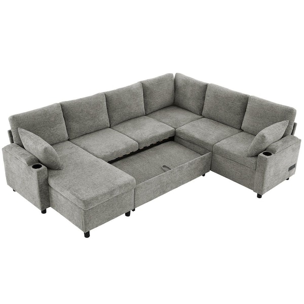 110 in. U-Shaped Chenille 5-Seat Sectional Sofa in Light Grey with Storage Chaise, Cup Holders and Charging Ports