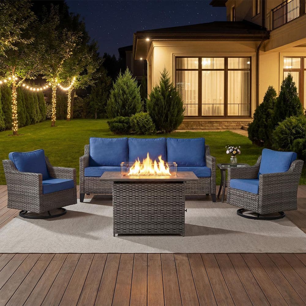 Haven Gray 5-Piece Wicker Outdoor Patio Fire Pit Deep Seating Set with 4-Inch Thick Navy Blue Cushions price history on PriceWatchPro