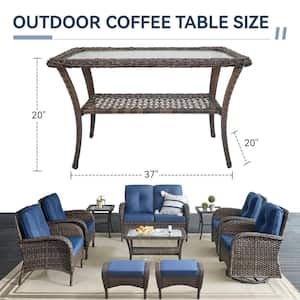 Brown Rectangle Wicker Outdoor Coffee Table with Tempered Glass Top