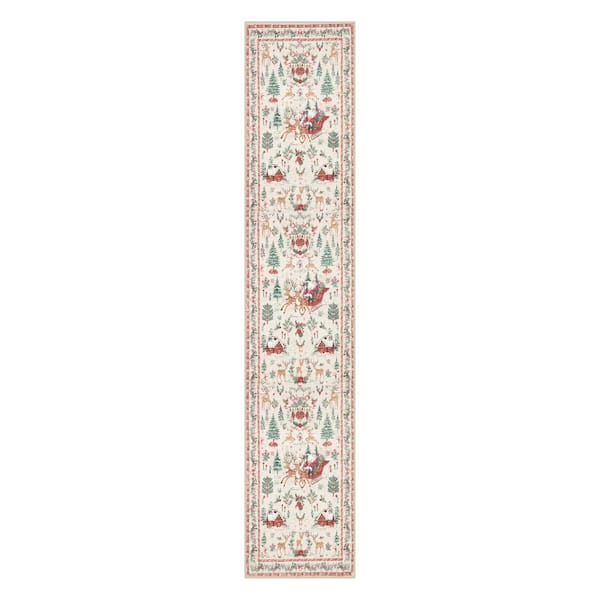 2 ft. x 10 ft. Beige Holiday Woodland Washable Runner Rug