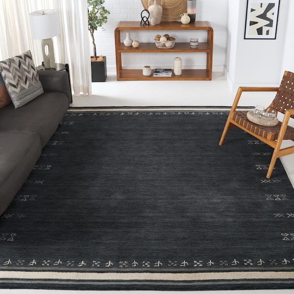 Himalaya 10 ft. x 14 ft. Charcoal Symbols Border Area Rug