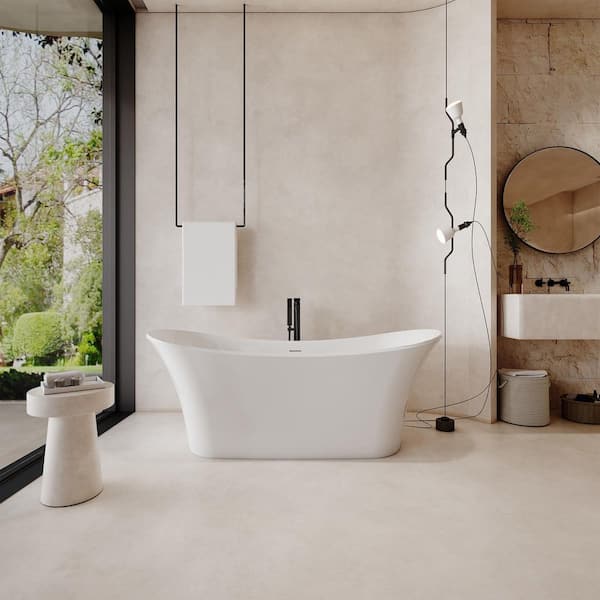 69 in. x 28.3 in. Freestanding Stone Resin Solid Surface Double Slipper Soaking Bathtub in Matte White